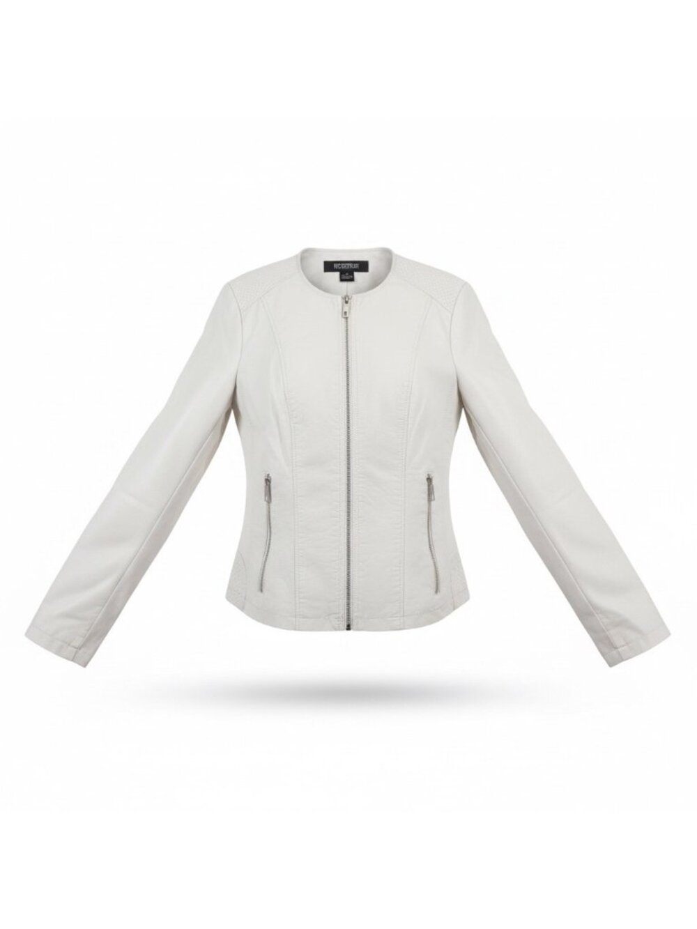 Kenneth Cole Reaction Womens White Faux Leather Jacket Stylish Moto Design Sz L
